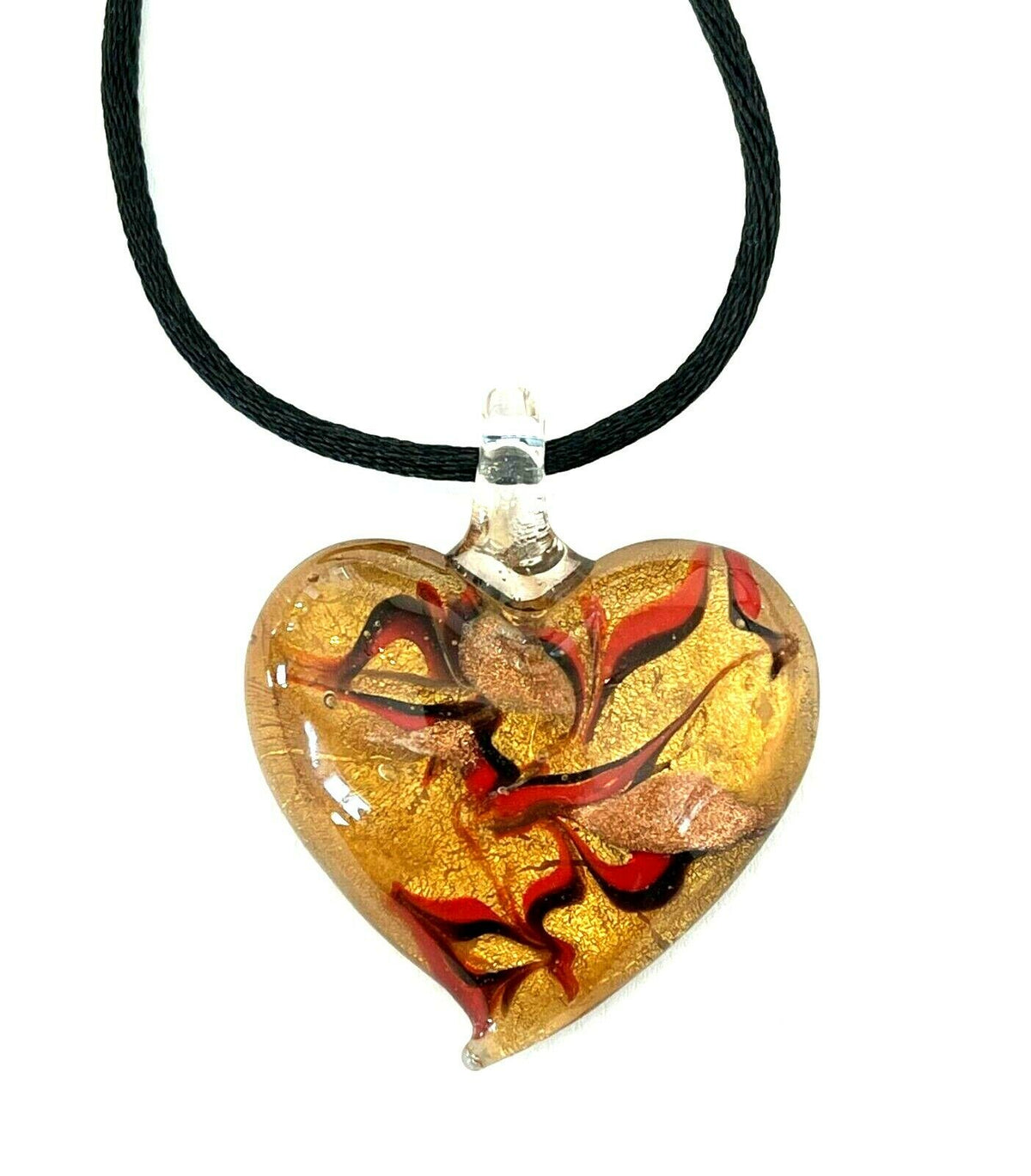 Venetian Murano Glass Gold Foil Inside with Red and Black Puffed Heart Necklace