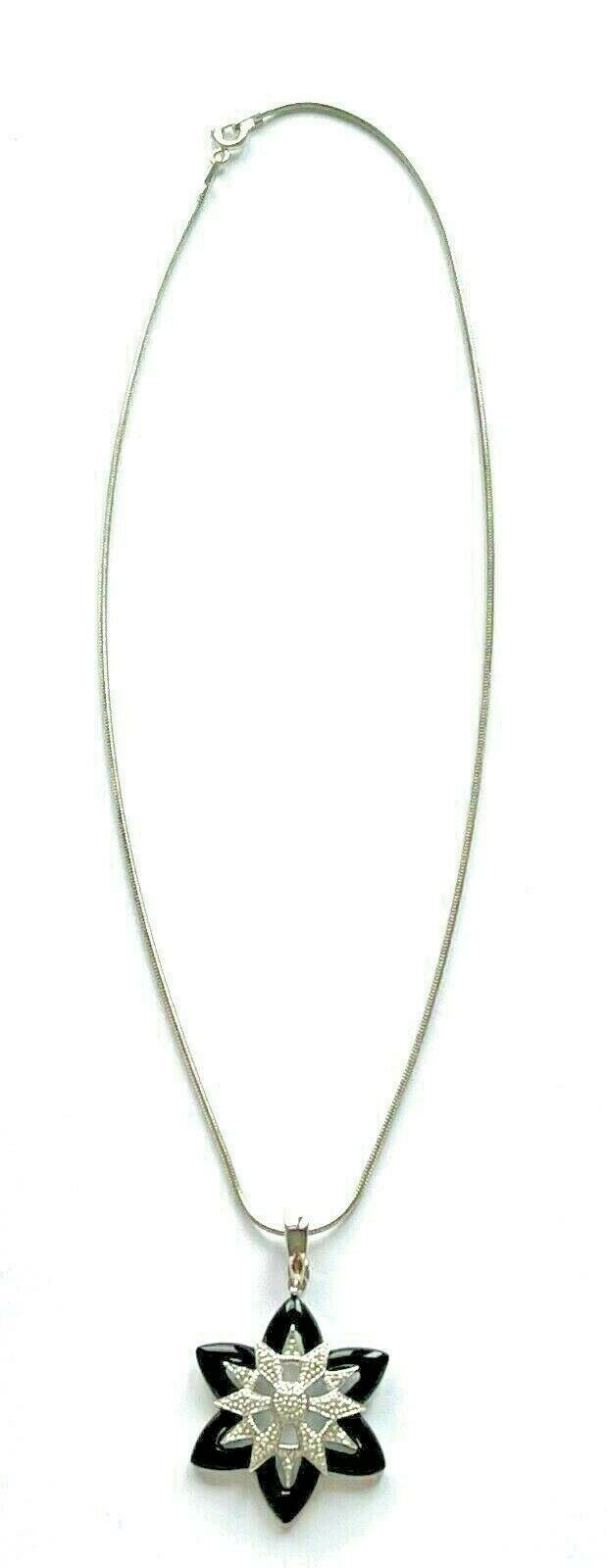 EA 925 Silver CZ Stone Star Shaped Black Pendant Necklace 16 Inches