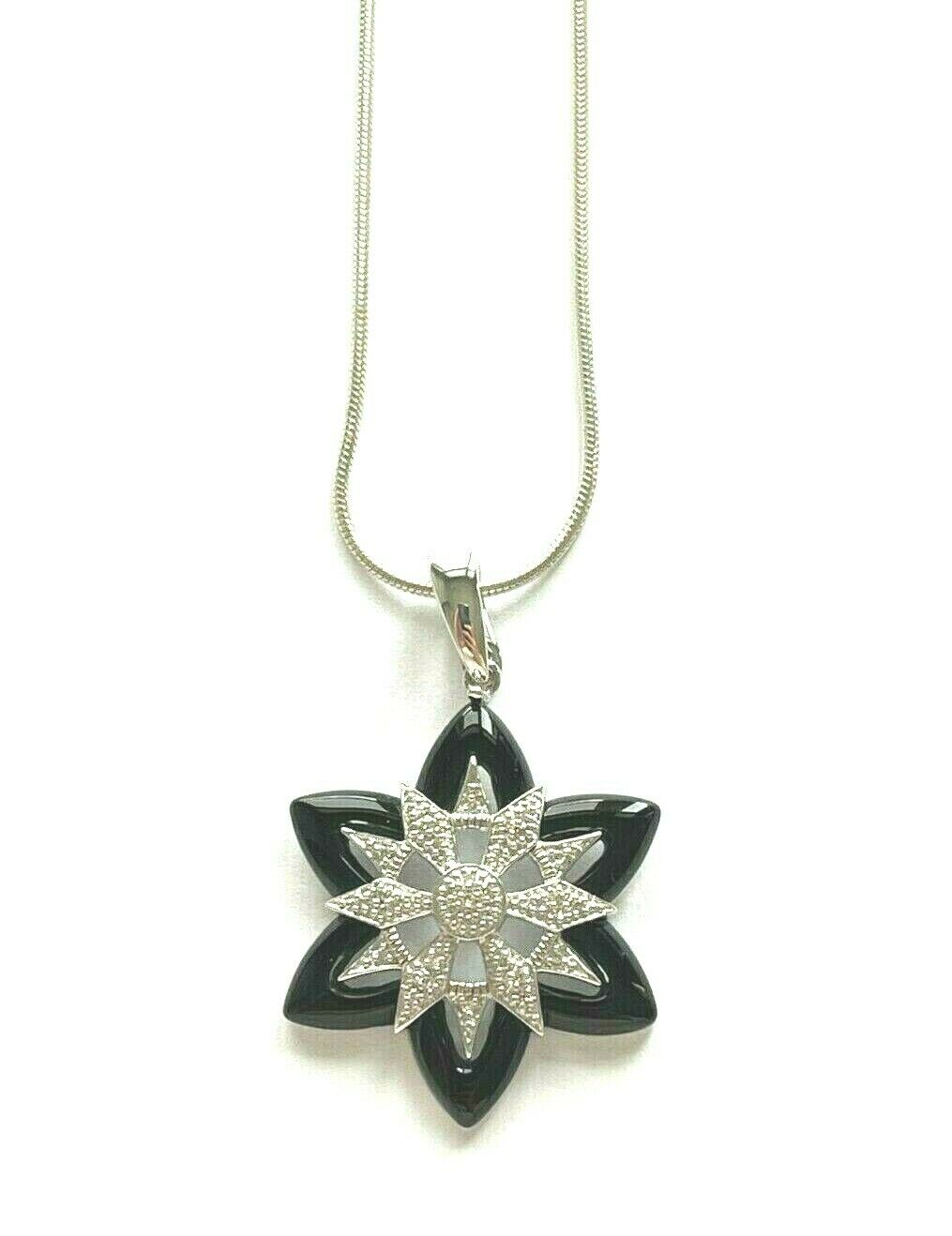EA 925 Silver CZ Stone Star Shaped Black Pendant Necklace 16