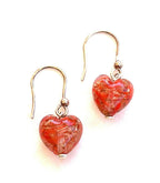 Venetian Murano Glass Orange and Gold Foil Puffed Heart Drop Dangle Earrings