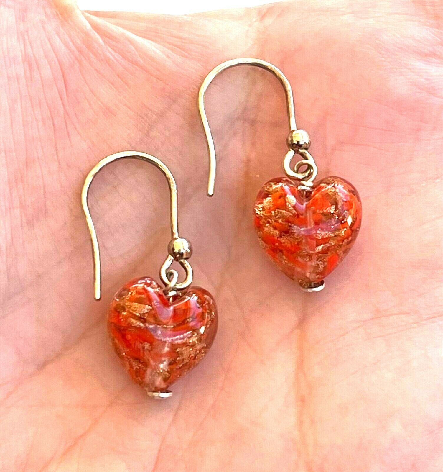 Venetian Murano Glass Orange and Gold Foil Puffed Heart Drop Dangle Earrings