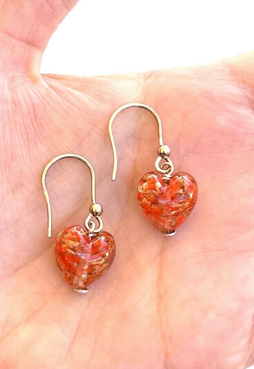 Venetian Murano Glass Orange and Gold Foil Puffed Heart Drop Dangle Earrings