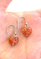 Venetian Murano Glass Orange and Gold Foil Puffed Heart Drop Dangle Earrings