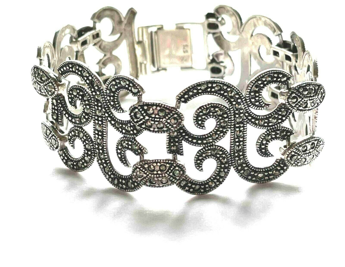 925 Sterling Natural Marcasite Gemstone Swirl Design Wide Link Bracelet