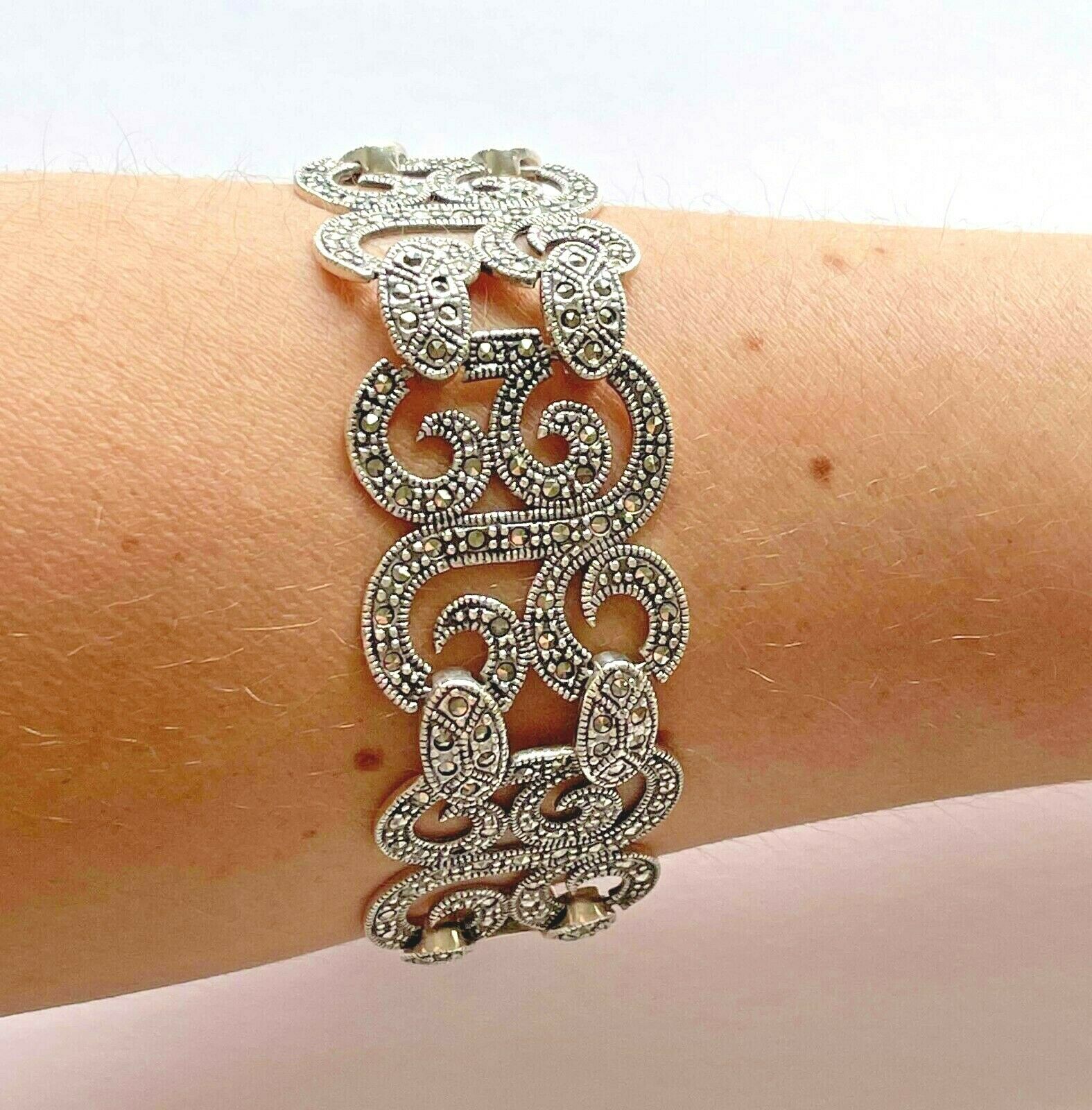 925 Sterling Natural Marcasite Gemstone Swirl Design Wide Link Bracelet