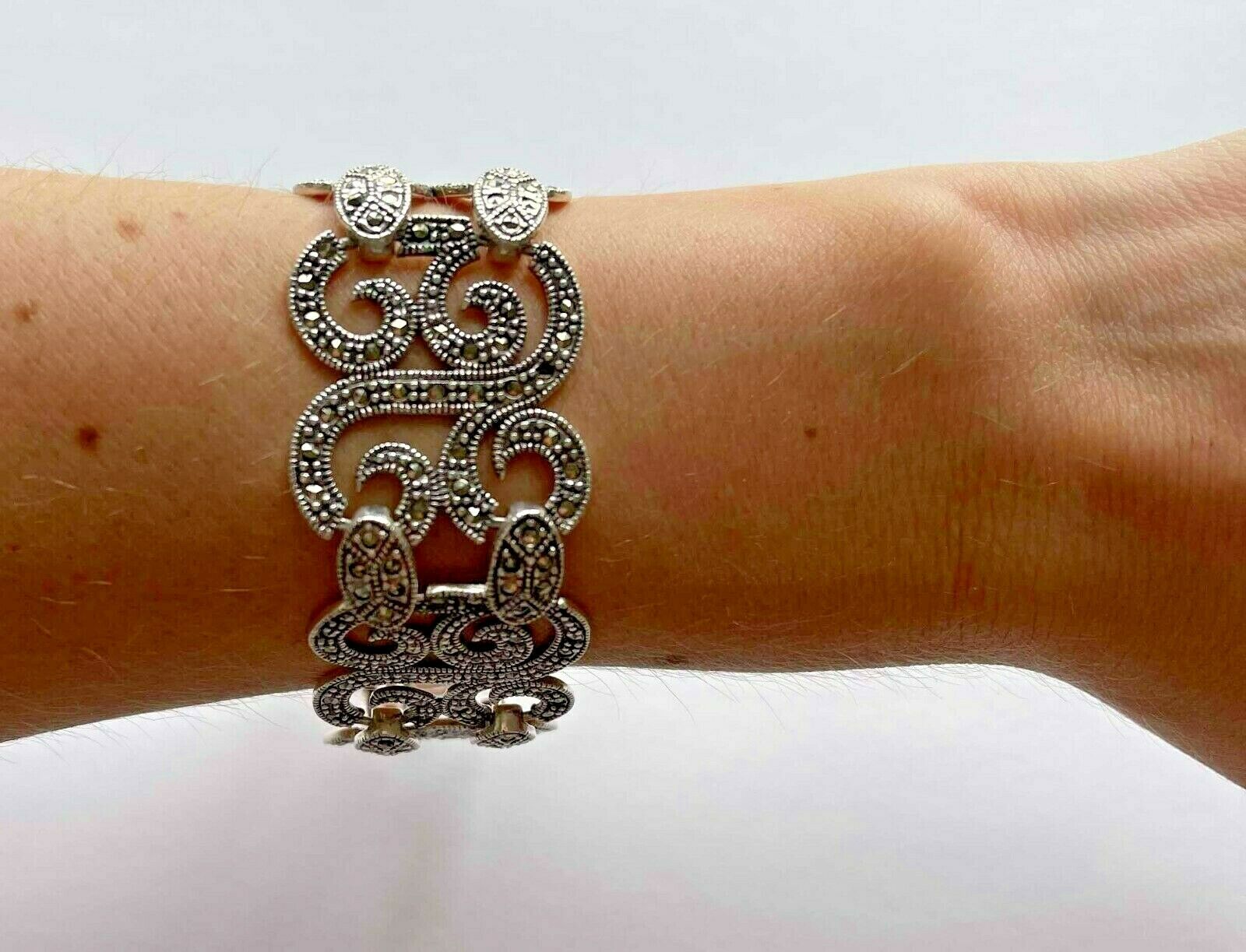 925 Sterling Natural Marcasite Gemstone Swirl Design Wide Link Bracelet