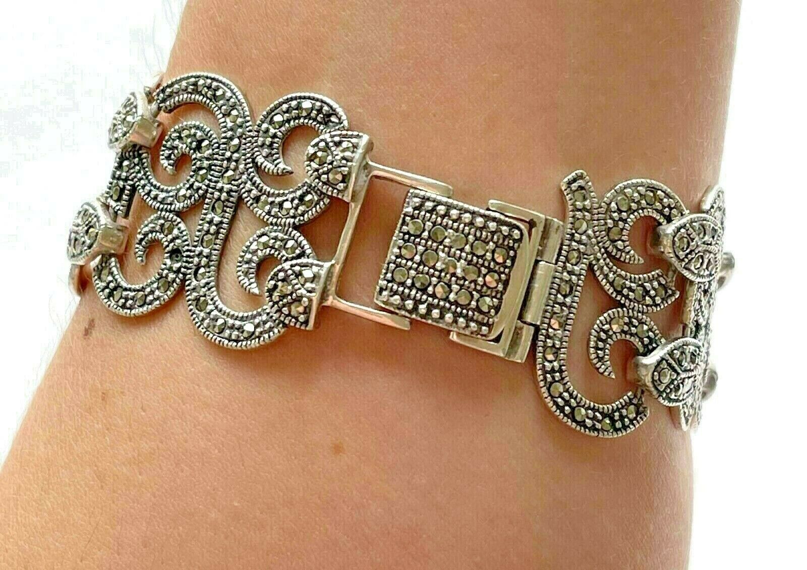 925 Sterling Natural Marcasite Gemstone Swirl Design Wide Link Bracelet