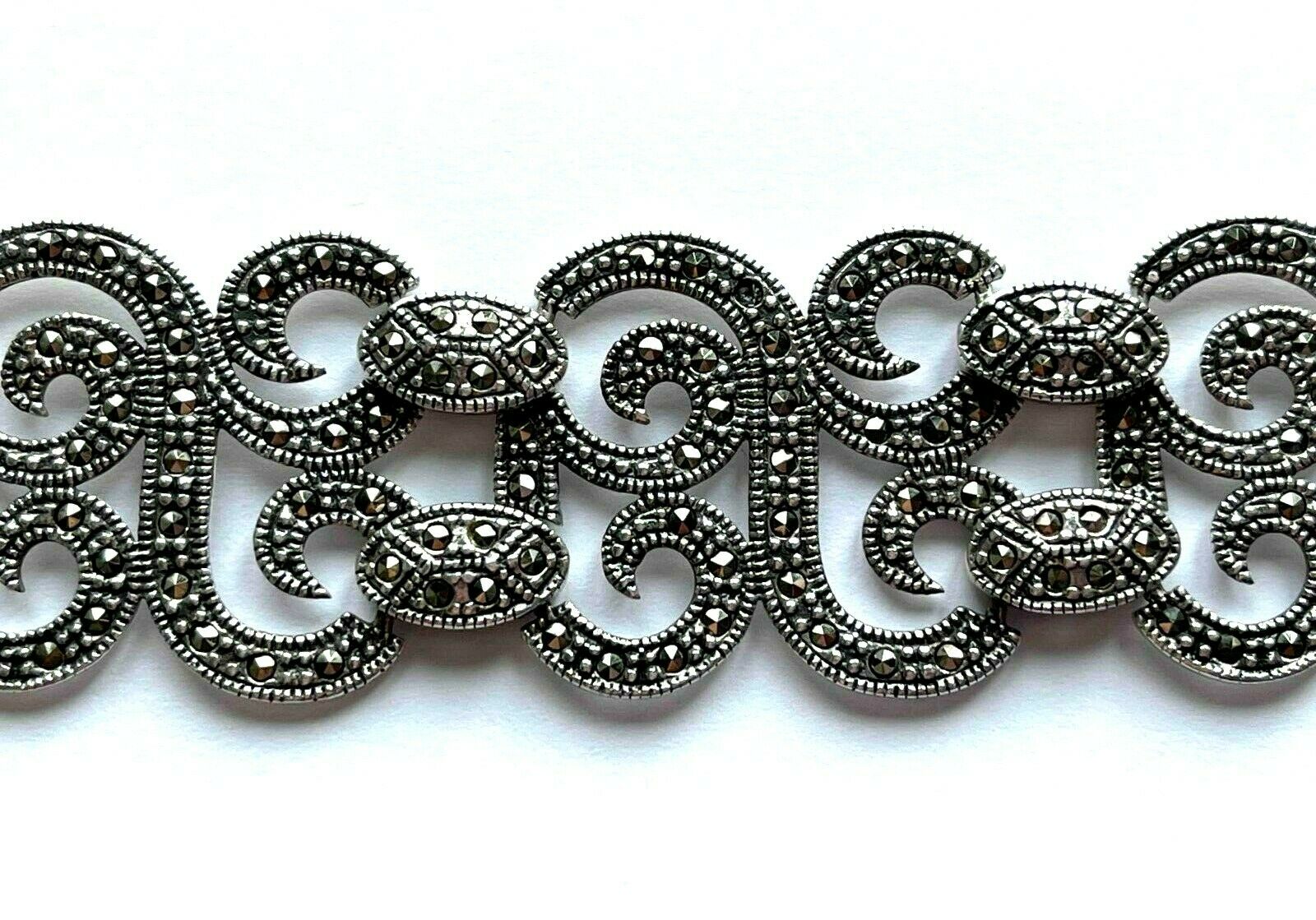 925 Sterling Natural Marcasite Gemstone Swirl Design Wide Link Bracelet