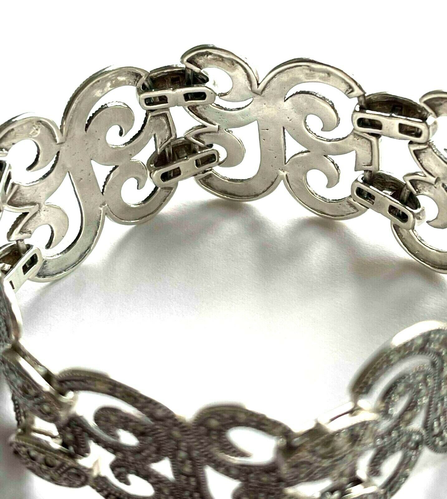 925 Sterling Natural Marcasite Gemstone Swirl Design Wide Link Bracelet