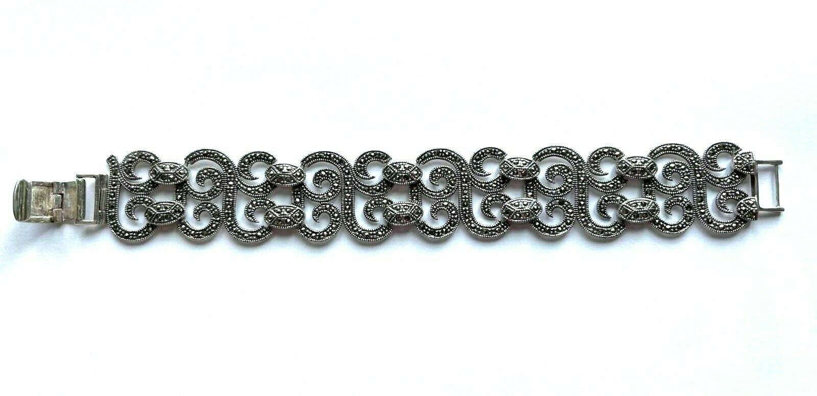 925 Sterling Natural Marcasite Gemstone Swirl Design Wide Link Bracelet