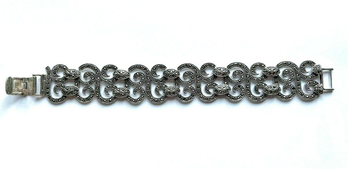 925 Sterling Natural Marcasite Gemstone Swirl Design Wide Link Bracelet