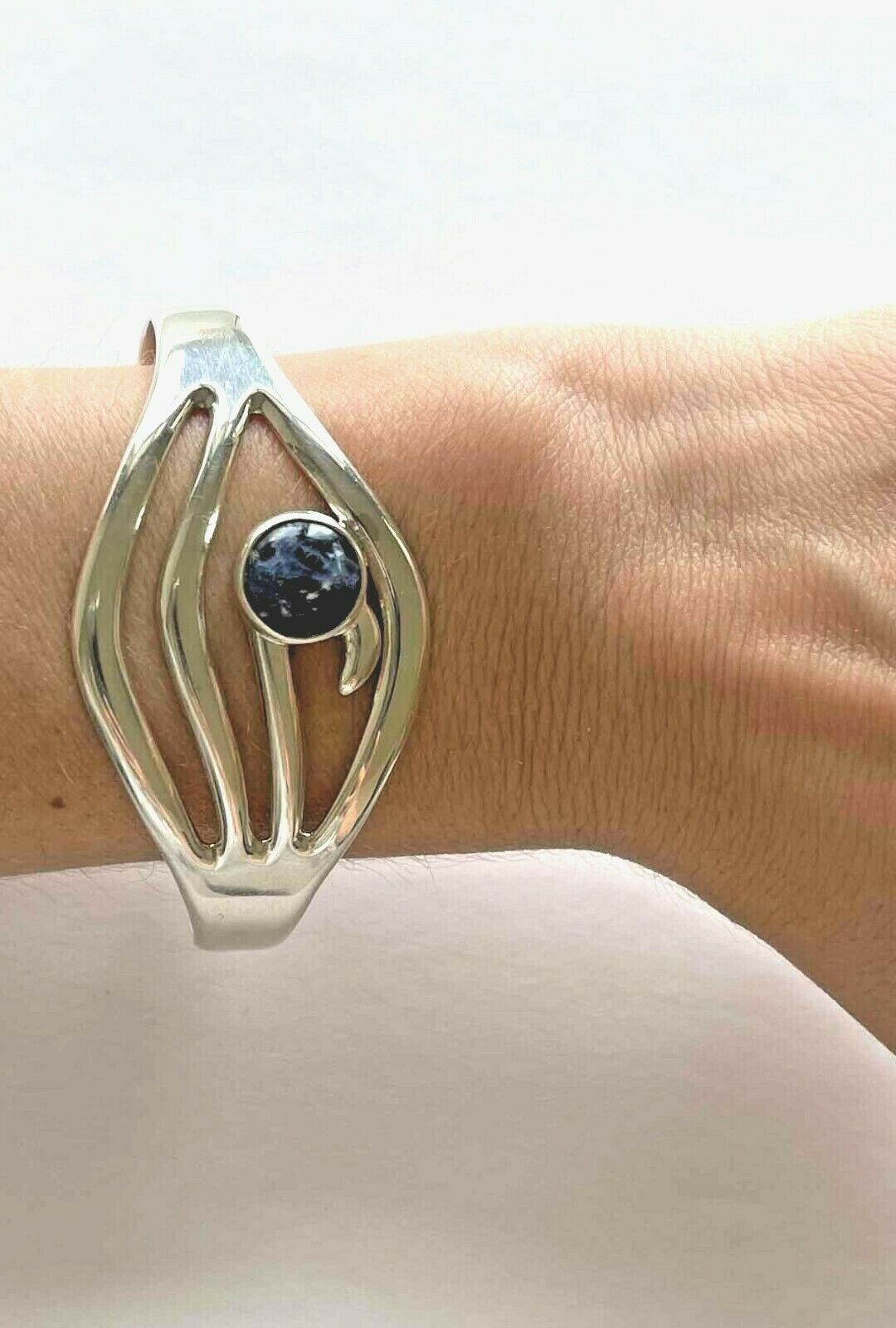 Mexico 925 Sterling TA-1177 Blue and white Stone Cuff Bracelet