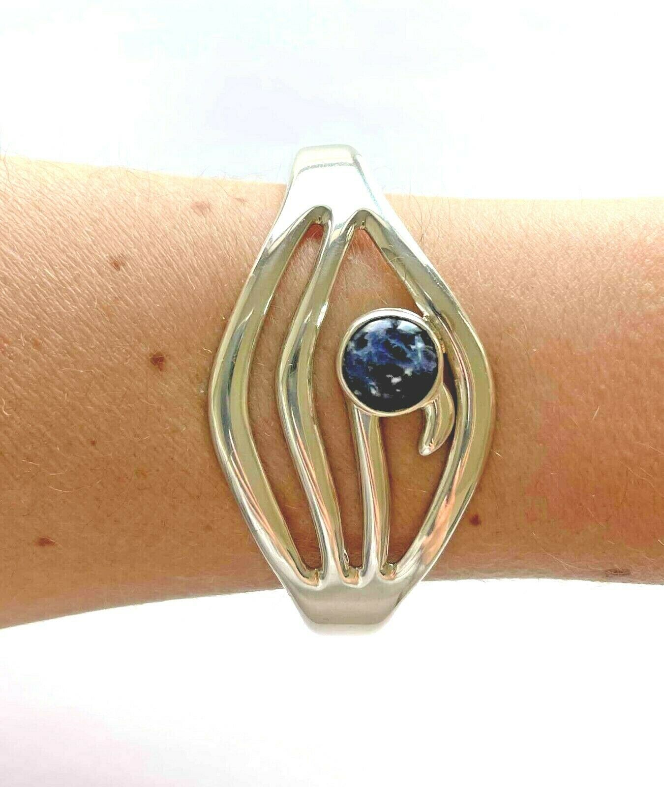 Mexico 925 Sterling TA-1177 Blue and white Stone Cuff Bracelet
