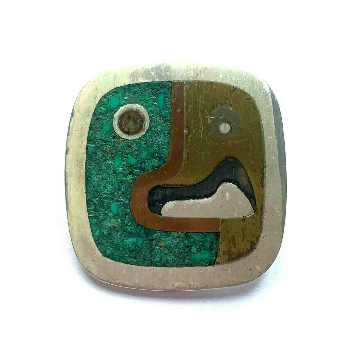 Vintage Metales Casados Mexico Sterling and Mixed Metals Stone Inlay Brooch Pin
