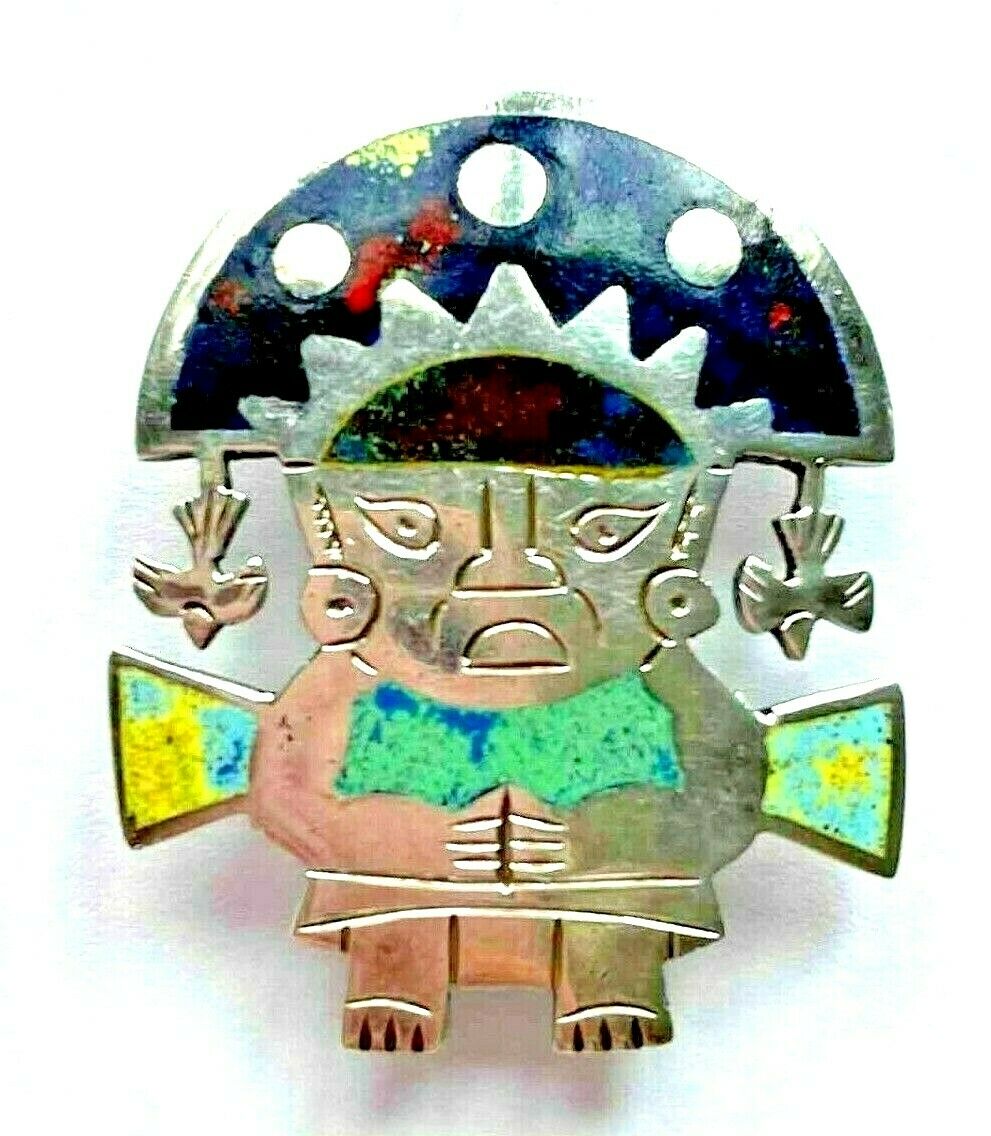 Vintage 925 Sterling Peruvian Signed Multicolor Brooch Pin