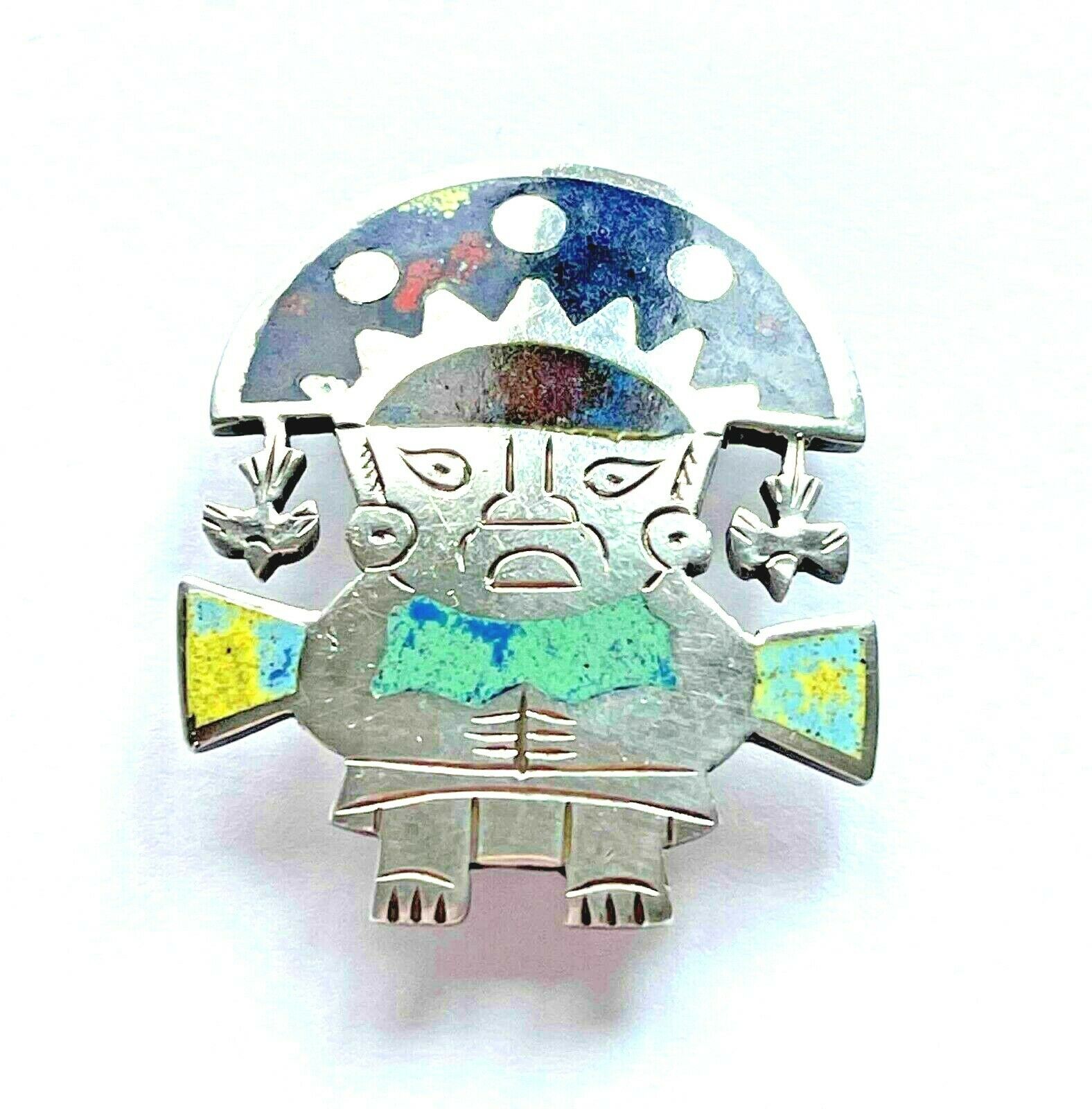 Vintage 925 Sterling Peruvian Signed Multicolor Brooch Pin