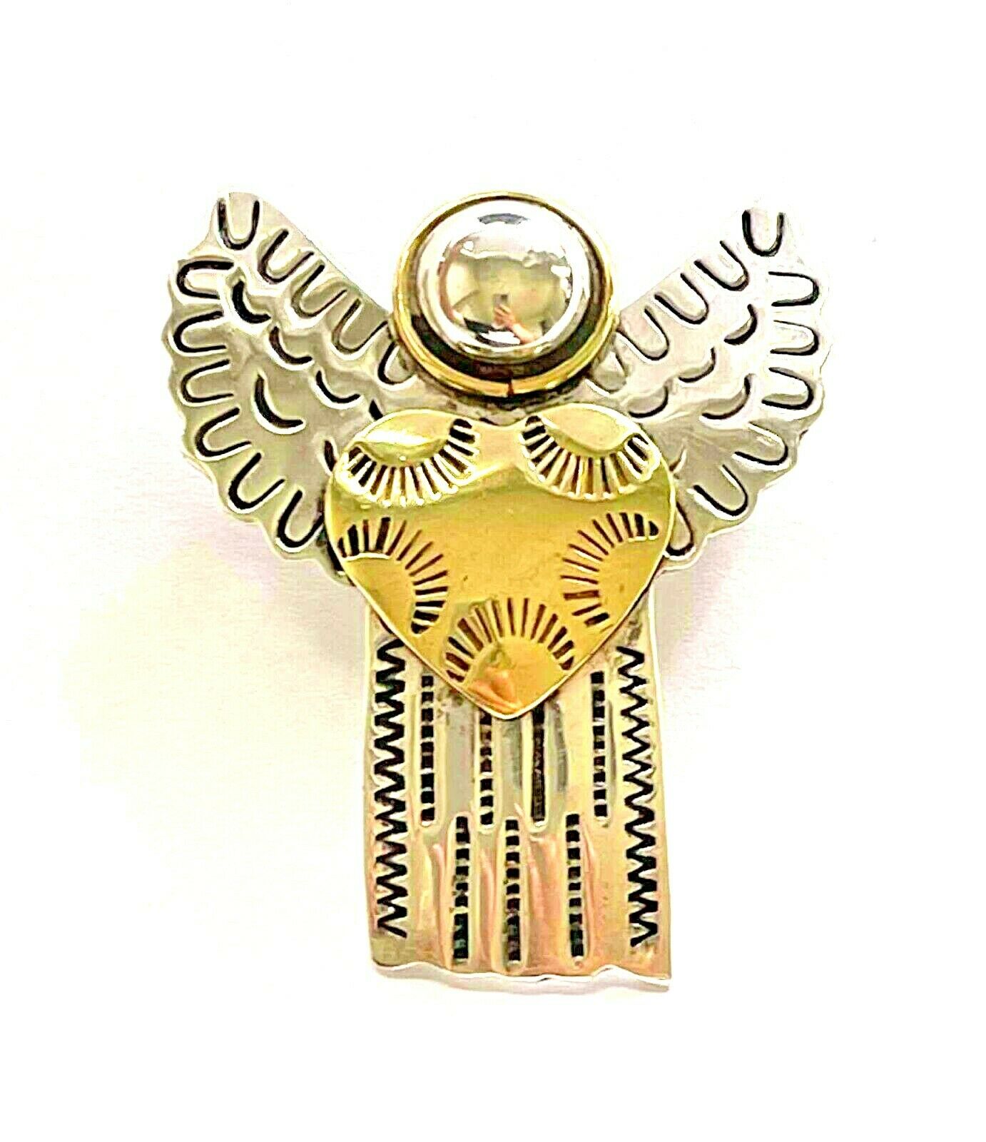 Vintage Mexico 925 Sterling Winged Angel Holding Brass Heart Brooch or Pendant