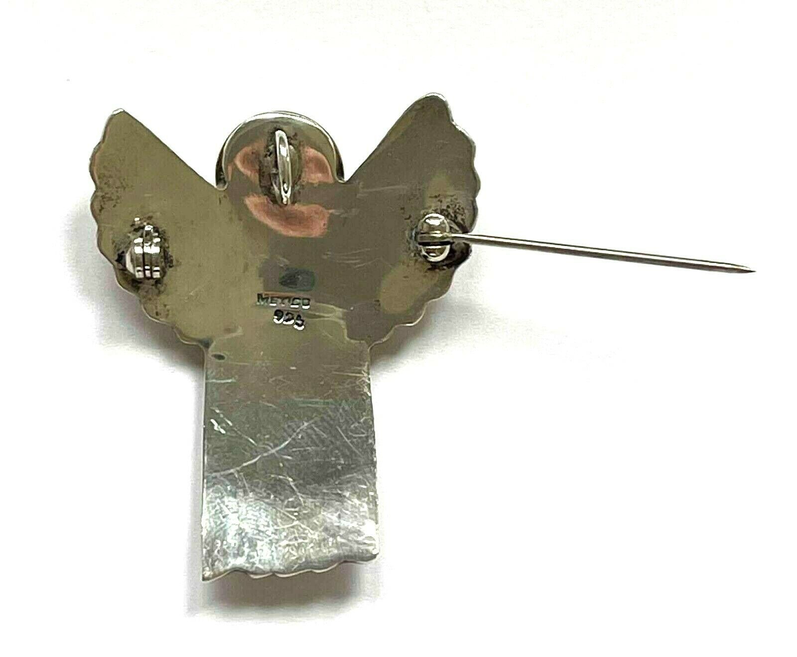 Vintage Mexico 925 Sterling Winged Angel Holding Brass Heart Brooch or Pendant