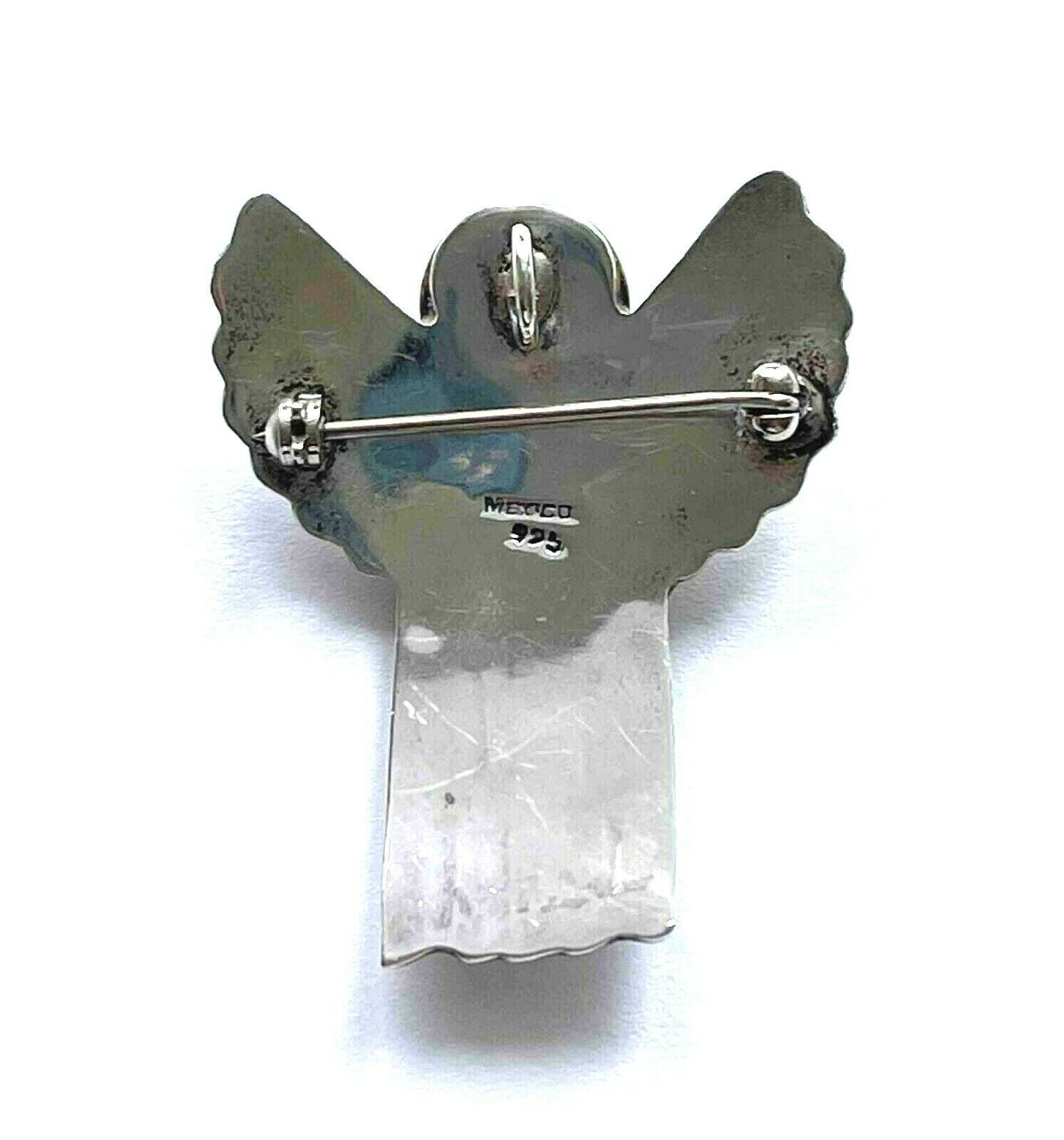 Vintage Mexico 925 Sterling Winged Angel Holding Brass Heart Brooch or Pendant