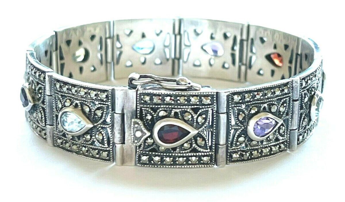 Vintage 925 Sterling Multicolor Gemstone Link Bracelet