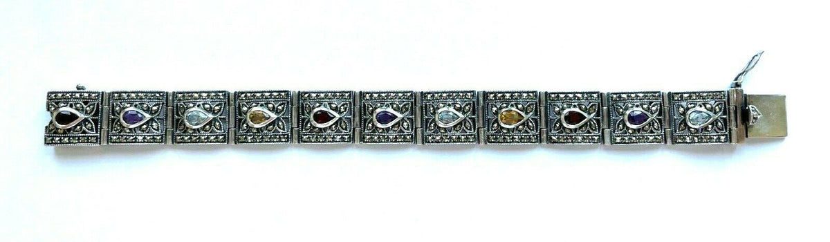 Vintage 925 Sterling Multicolor Gemstone Link Bracelet