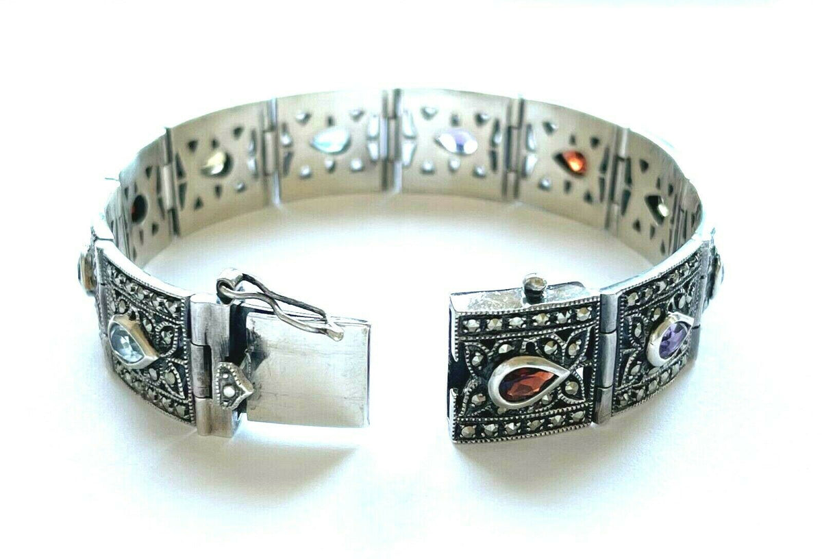 Vintage 925 Sterling Multicolor Gemstone Link Bracelet