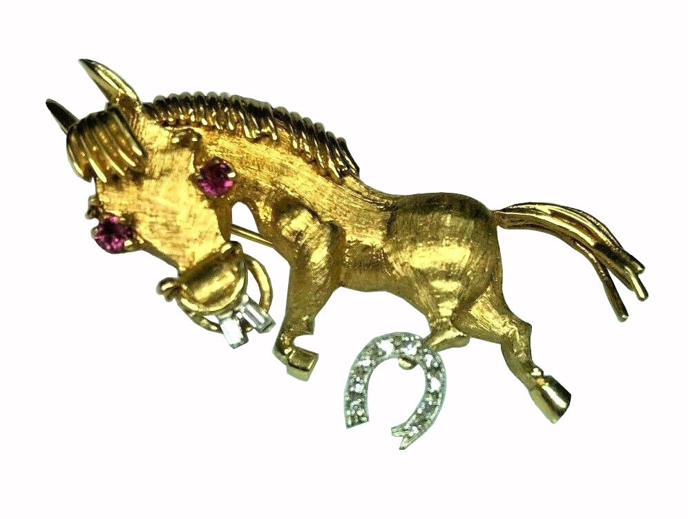 Vintage 18kt Yellow Gold Horse Pin Brooch with Sapphires & Diamonds