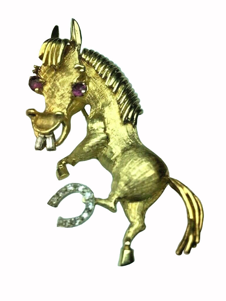 Vintage 18kt Yellow Gold Horse Pin Brooch with Sapphires & Diamonds