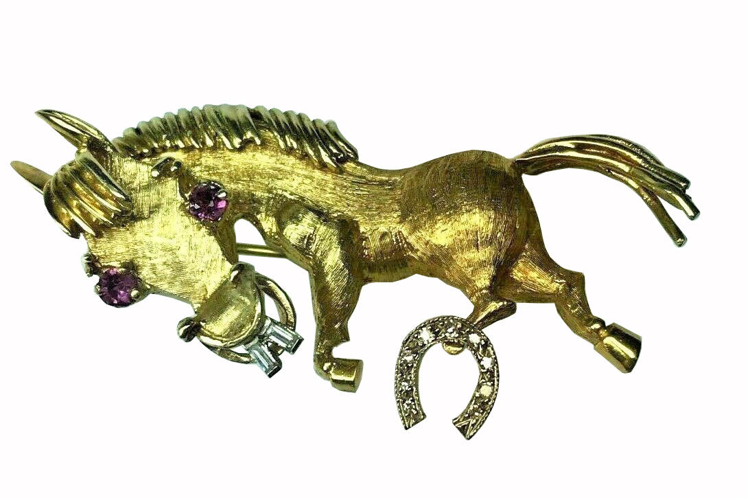 Vintage 18kt Yellow Gold Horse Pin Brooch with Sapphires & Diamonds