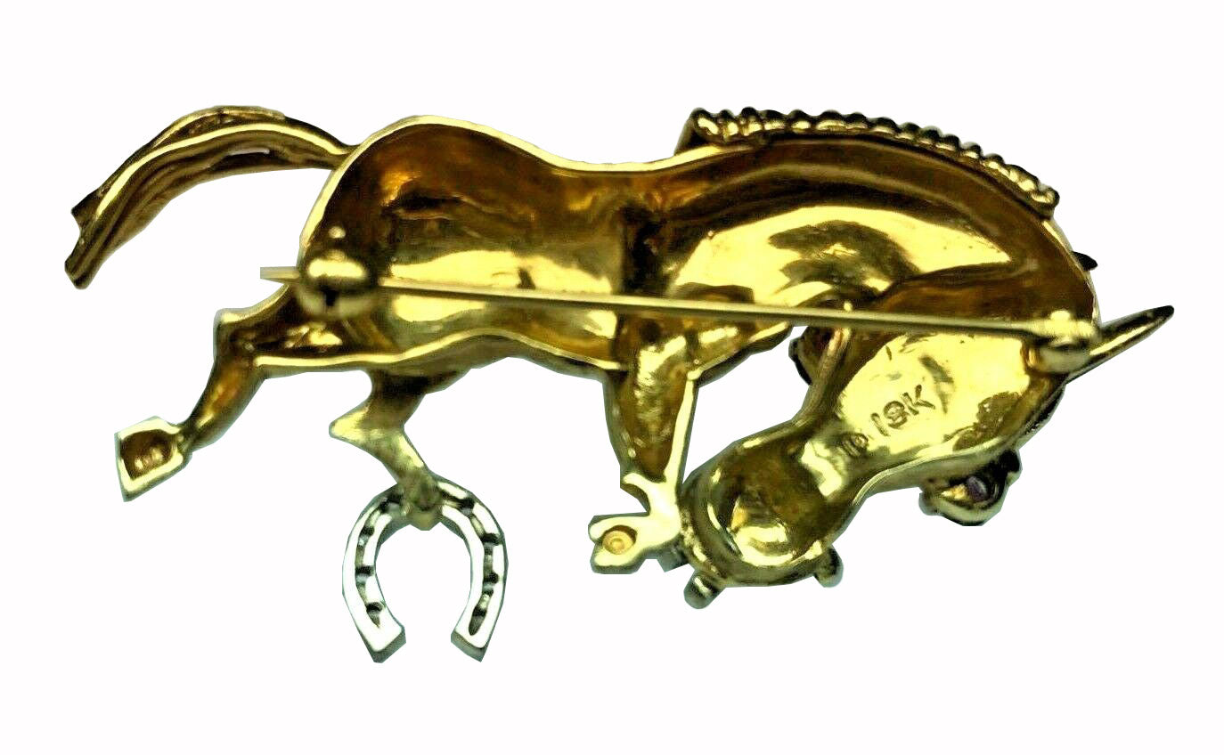 Vintage 18kt Yellow Gold Horse Pin Brooch with Sapphires & Diamonds