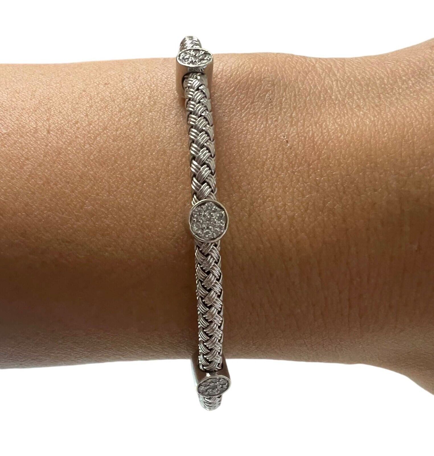 Basket Weave Bangle with Cross Diamond Accents in 14k White Gold (3.5mm)