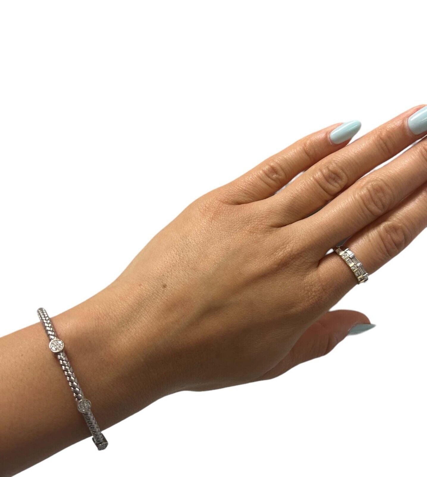 Basket Weave Bangle with Cross Diamond Accents in 14k White Gold (3.5mm)