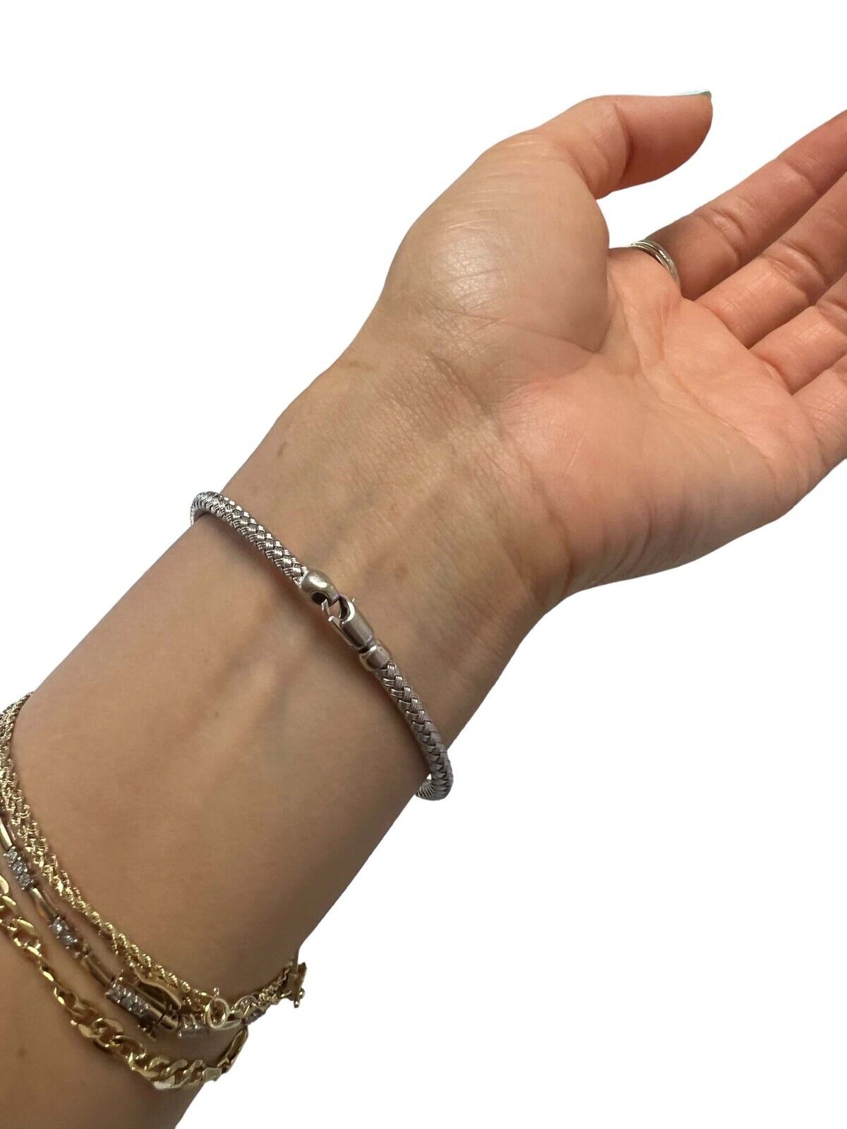 Basket Weave Bangle with Cross Diamond Accents in 14k White Gold (3.5mm)