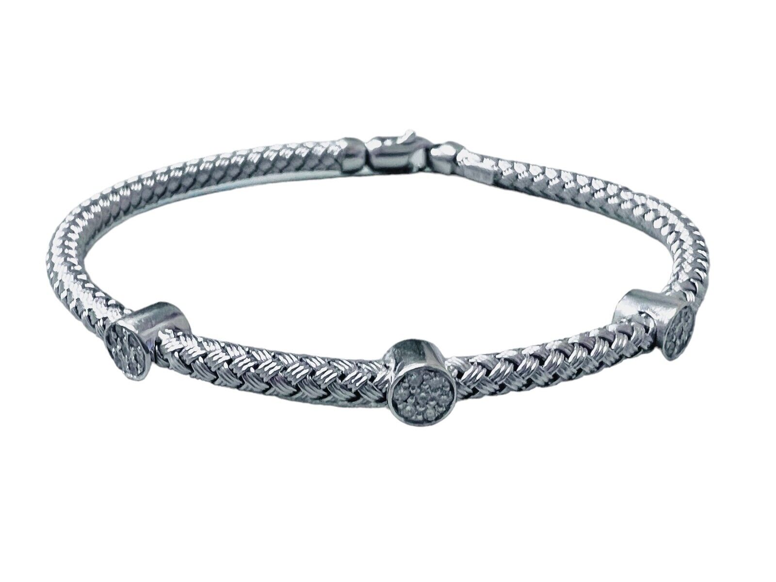 Basket Weave Bangle with Cross Diamond Accents in 14k White Gold (3.5mm)
