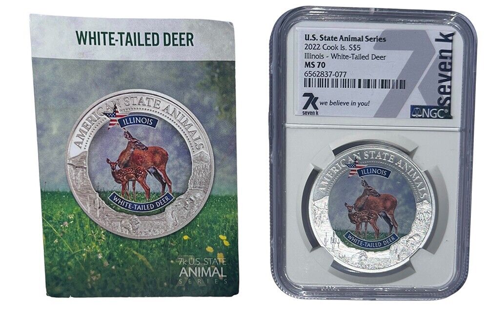 Illinois White-Tailed Deer  MS70 US State Animal 1oz Silver Coin 5 Dollar