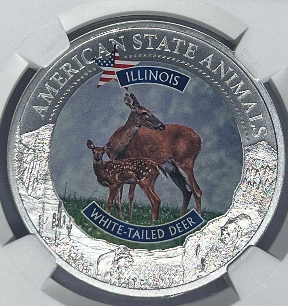 Illinois White-Tailed Deer  MS70 US State Animal 1oz Silver Coin 5 Dollar
