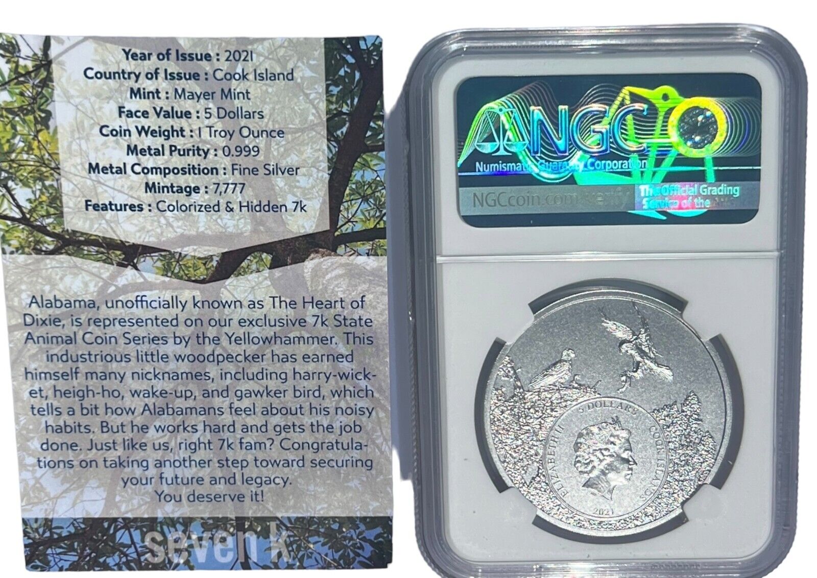 Alabama Yellowhammer MS70 US State Animal 1 Oz Silver Coin 5 Dollar