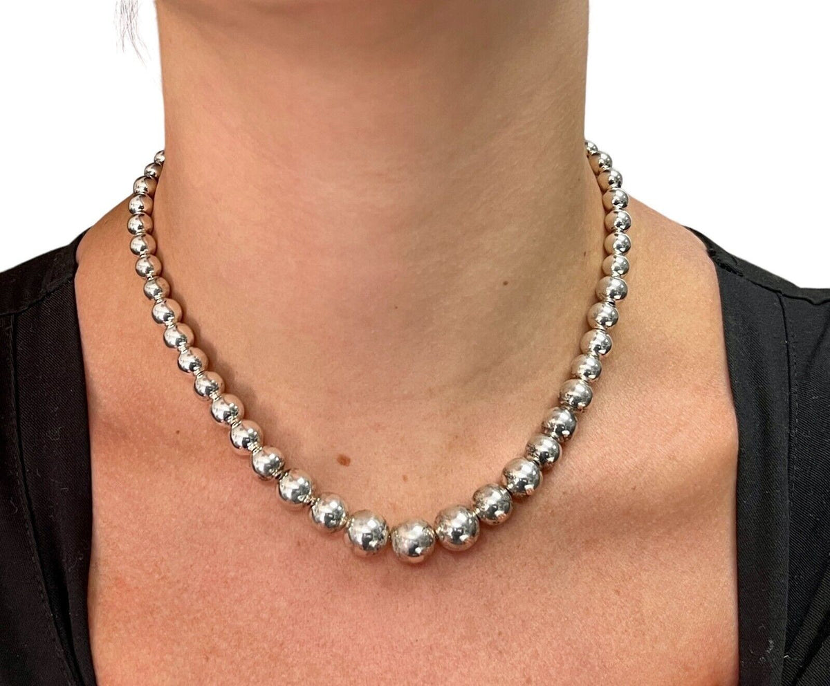 Tiffany & Co 16” Hardware Graduated Sterling Silver Beaded Necklace w/Pouch