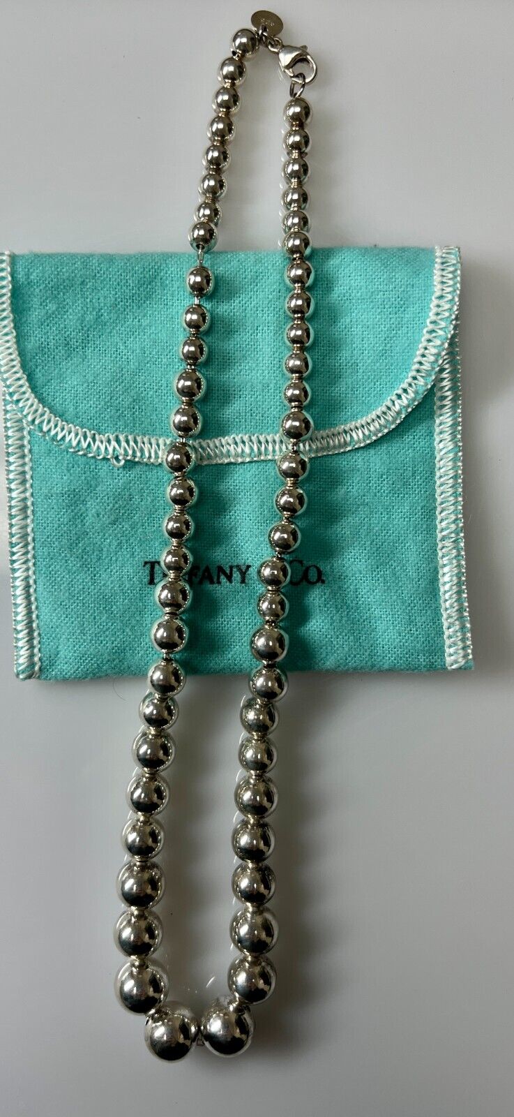 Tiffany & Co 16” Hardware Graduated Sterling Silver Beaded Necklace w/Pouch