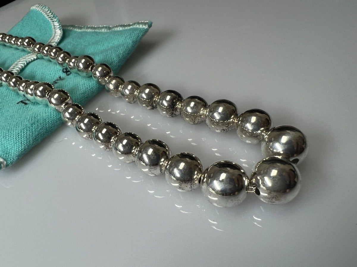 Tiffany & Co 16” Hardware Graduated Sterling Silver Beaded Necklace w/Pouch