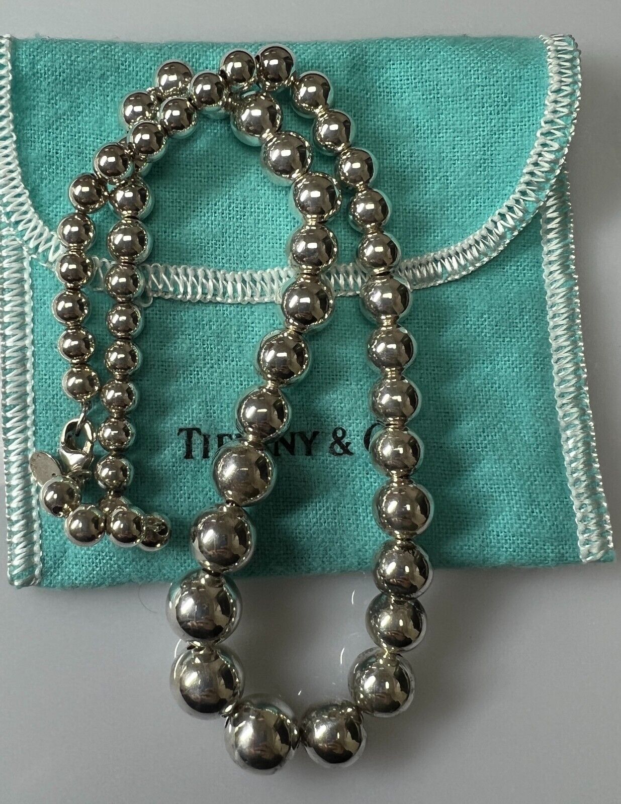 Tiffany & Co 16” Hardware Graduated Sterling Silver Beaded Necklace w/Pouch