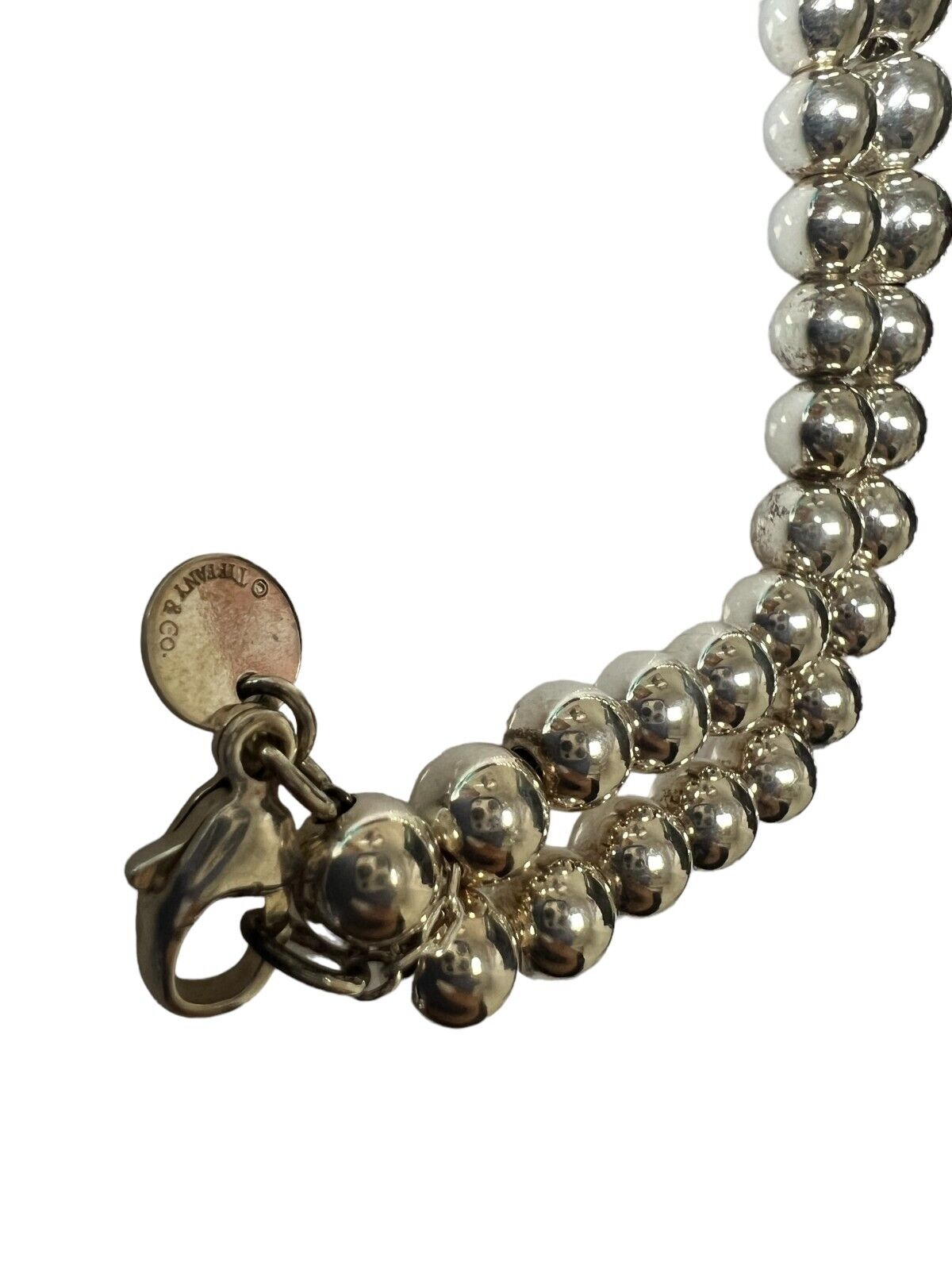 Tiffany & Co 16” Hardware Graduated Sterling Silver Beaded Necklace w/Pouch