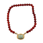 Vintage Red Bead Necklace w/ 14K Gold Green Jade Center Pendant 20"