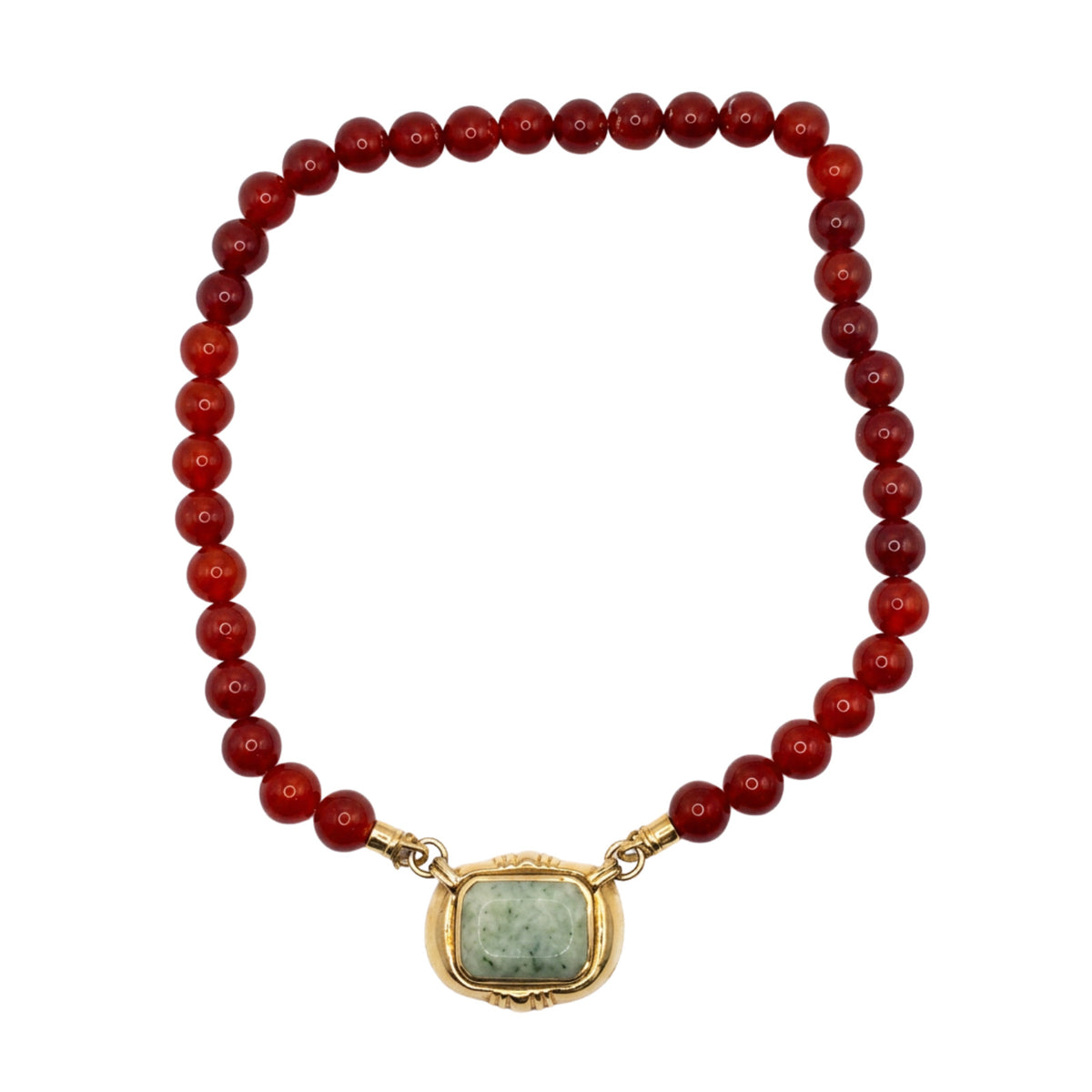 Vintage Red Bead Necklace w/ 14K Gold Green Jade Center Pendant 20"