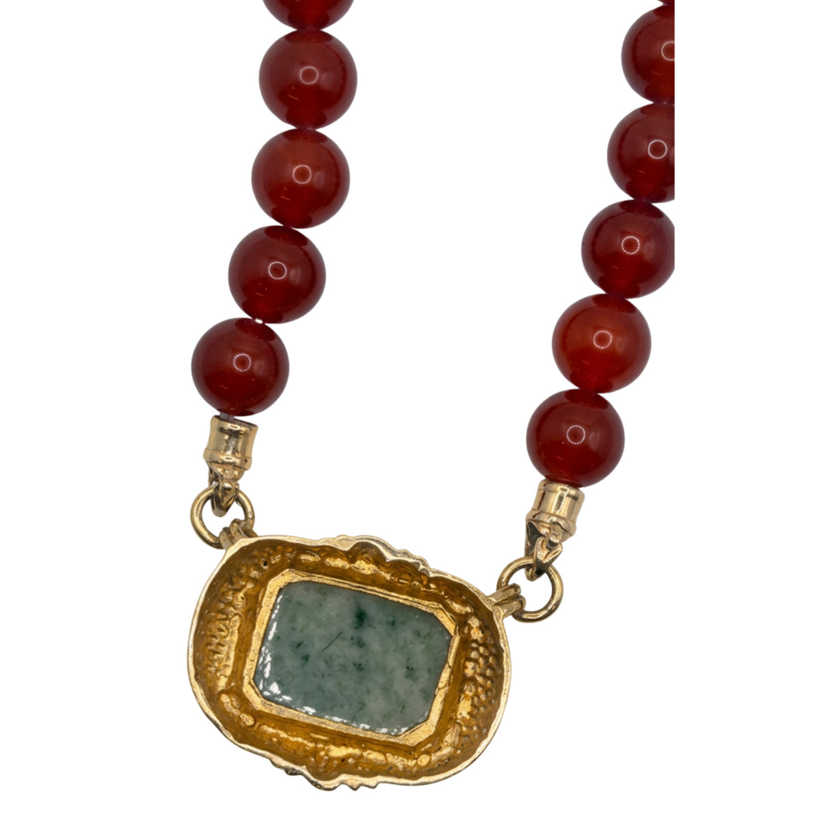 Vintage Red Bead Necklace w/ 14K Gold Green Jade Center Pendant 20"