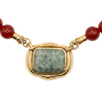 Vintage Red Bead Necklace w/ 14K Gold Green Jade Center Pendant 20"