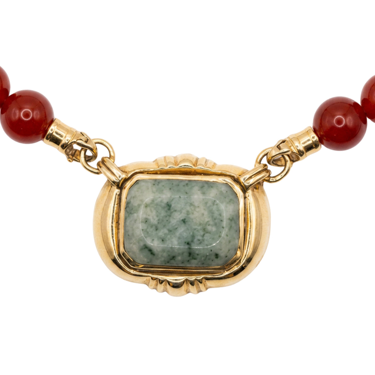 Vintage Red Bead Necklace w/ 14K Gold Green Jade Center Pendant 20"