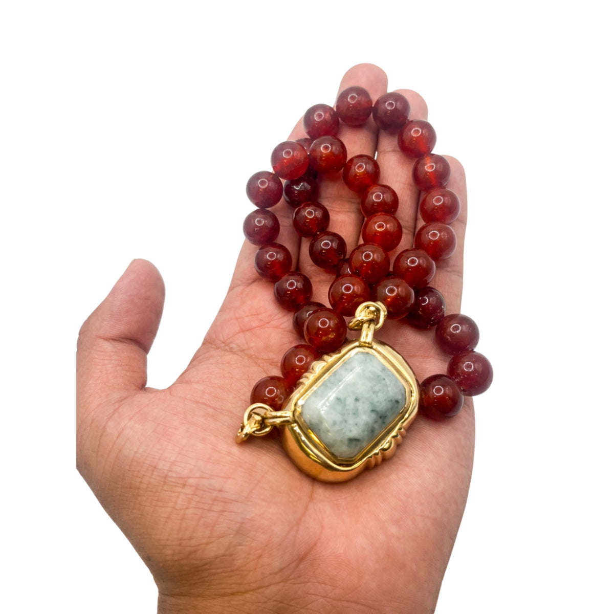 Vintage Red Bead Necklace w/ 14K Gold Green Jade Center Pendant 20"