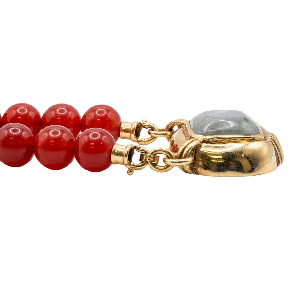 Vintage Red Bead Necklace w/ 14K Gold Green Jade Center Pendant 20"