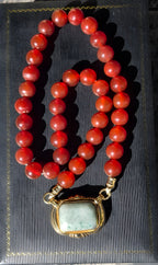 Vintage Red Bead Necklace w/ 14K Gold Green Jade Center Pendant 20"
